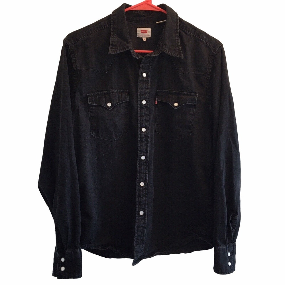 Levis Shirt Mens Medium Button Up Pearl Snap Black Denim South Western